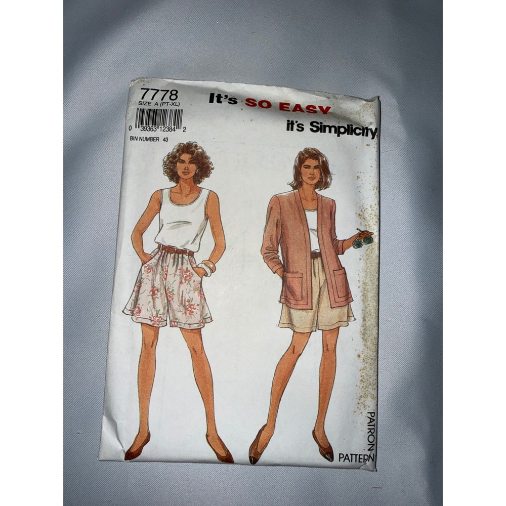 Simplicity‎ 7778 Sewing Pattern Misses Jacket Top Shorts Size A PT-XL Vintage 92